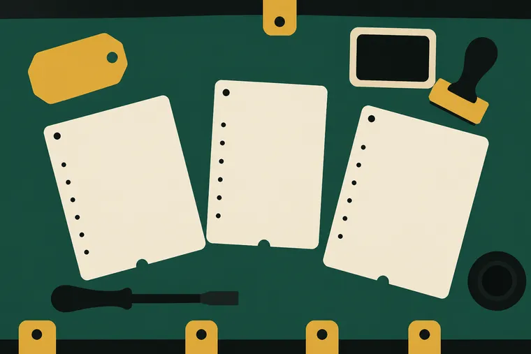 Three work tickets spread across a shared workbench with a gold hardware tag and hand tools