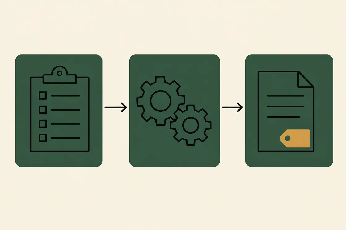 A clipboard form feeding through gears into a finished, tagged listing document