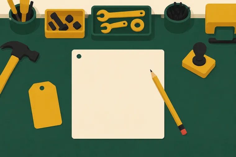A blank work ticket and a pencil waiting on a workbench, with a gold hardware tag beside them