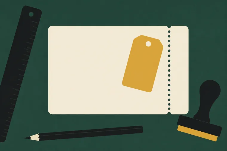 A paper work ticket with a perforated edge and a gold hardware tag on a workbench, beside a ruler, pencil and rubber stamp