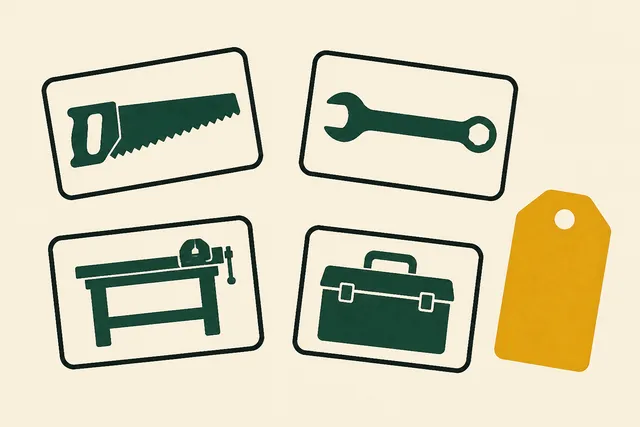 Four ink-outlined stamp cards showing workshop tools, next to a gold hardware tag